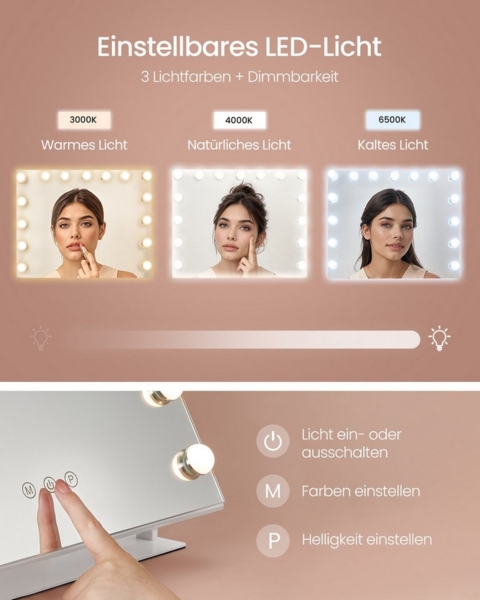 SONGMICS Schminkspiegel mit LED-Beleuchtung und Ladeanschlüssen, MDF / Glas mattweiß, 62,5 x 10 x 45,8 cm Bild 2
