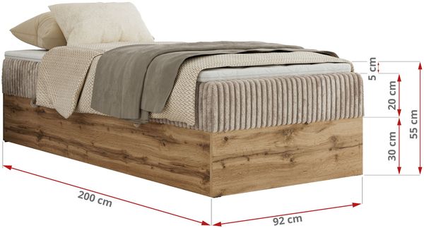 Boxspringbett, Einzelbett WOOD ZERO 90 x 200 cm, Hotelbett ohne Kopfteil, Bett mit Stauraum, 7-Zonen Multipocket-Matratze - Hellbraun Cordstoff - H4 - Topper Visco Bild 6