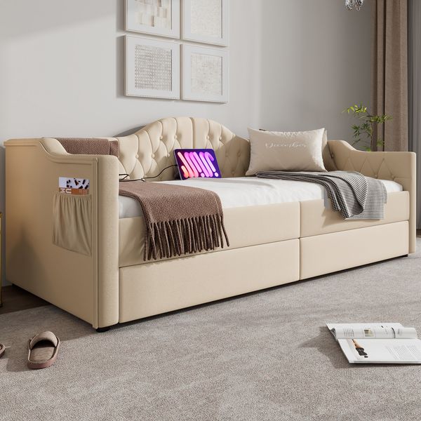 Tagesbett, Samt mit USB-Anschluss & 2 Schubladen, 99x215x86,5 cm, Beige, ohne Matratze