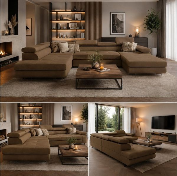 Goldstoff Wohnlandschaft mit Schlaffunktion, Couch für Wohnzimmer - Schlafsofa - Eckcouch, VENUS - Sofa U Form, Ecksofa mit Schlaffunktion und Bettkasten in braun