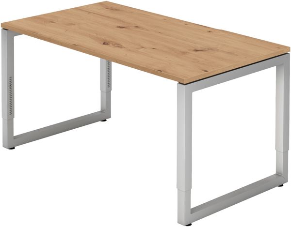 bümö höhenverstellbarer Schreibtisch R-Serie 140x80 cm in Asteiche, Gestell in Silber - PC Tisch klein für's Büro manuell höhenverstellbar, Computertisch verstellbar, RS-14-R-S