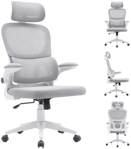 BAKAJI Bürostuhl aus ergonomischem Stoff mit Rückenlehne, Lendenwirbelstütze und Kopfstütze, drehbarer Schreibtischstuhl, höhenverstellbar, atmungsaktiver Schweißschutzbezug (hellgrau)