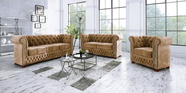 S-Style Möbel Polstergarnitur Chesterfield Leeds 3+2+1, (1x 3-Sitzer-Sofa, 1x 2-Sitzer-Sofa, 1x Sessel), mit Wellenfederung