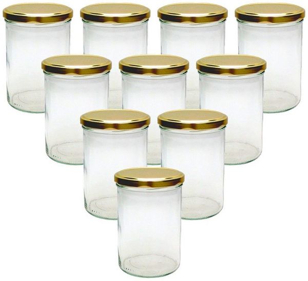 mikken Einmachglas 10x Einmachglas 435 ml mit Deckel und Beschriftungsetiketten, (10er Set mit Etiketten), verschiedene Deckelfarben