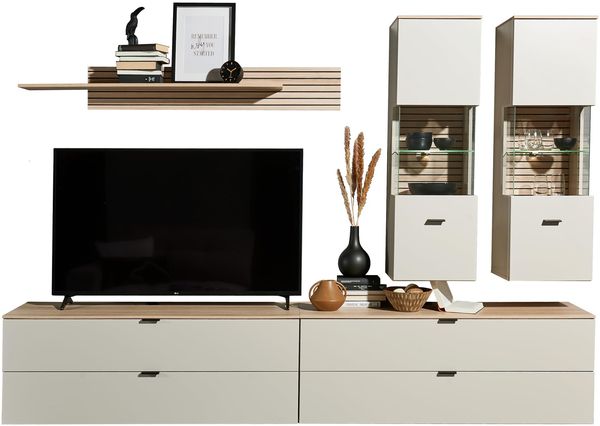 Stella Trading INA Wohnwand Komplett-Set in Kaschmir, Riva Eiche Optik FSC-Zertifiziert - Moderne Schrankwand 5-teilig mit LED-Beleuchtung für Ihr Wohnzimmer - 280 x 185 x 44 cm (B/H/T)