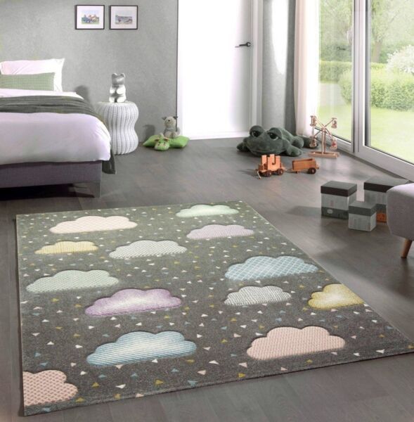 Carpetia Kinderteppich Teppich Kinderzimmer Kinderteppich Wolken grau rosa blau, rund, Höhe: 13 mm