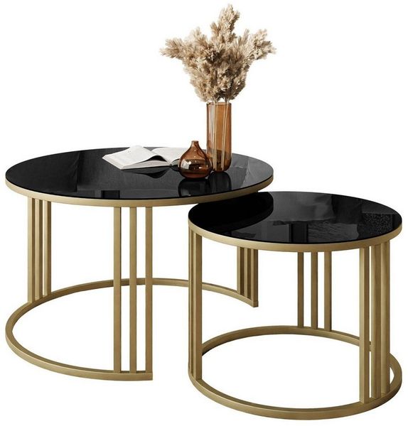 Lookway Couchtisch LORI 2in1 GLASS mit goldenem Gestell (2er Set), Durchmesser: ⌀70 cm und ⌀50 cm