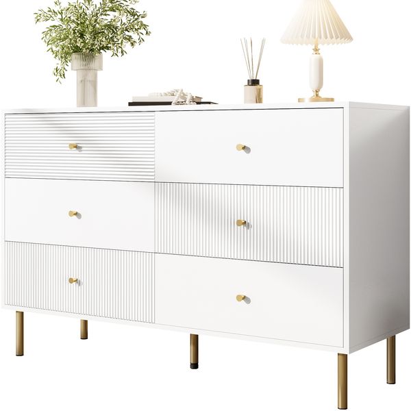 Modernes 6-Schubladen-Kommode, Weiße Aufbewahrungs-Kommode mit Zinklegierung-Griffen & Stahlbeinen, 120×40×78cm MDF-Schrank für Schlafzimmer, Wohnzimmer, Eingangsbereich