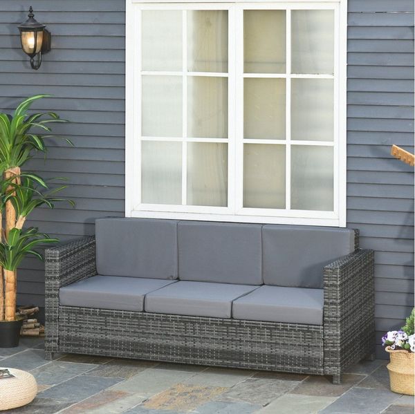 Outsunny Loungesofa Poly-Rattan Sofa mit Kissen 3-Sitzer Garten Metall Polyester