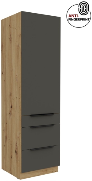 Küchen Hochschrank 60 cm Küche ARIA Graphite ultra matt + Eiche Artisan matt, hochwertige Fronten mit Anti Fingerprint Beschichtung, Soft-Close Küchenzeile Küchenblock