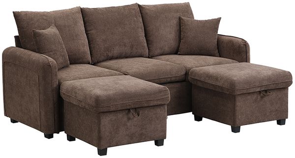 Multifunktionales U-Form Ecksofa Set, Chenille Stoff Antikbraun 188x186x86cm mit Schlaffunktion Stauboxen & Staaufhocker