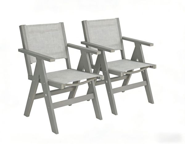 HIPS Outdoor Folding Dining Chair with Woven Seat & Back, Set of 2, Weather Resistant Patio Chair with Armrests for Deck, Backyard, Garden, Poolside (Light Grey)