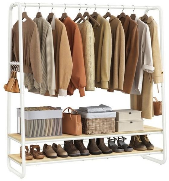 VASAGLE Kleiderständer, Garderobenständer, Garderobe, 2 Ablagen, 6 Haken in S-Form, Stahlgestell, naturbeige-mattweiß