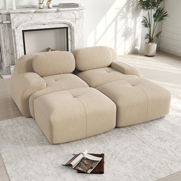 Flieks Modulares Cord Sofa 2-Sitzer mit 2x Hocker, Cloud Sofa rahmenlos, bodennah mit tiefer Sitzfläche, auch als Schlafsofa nutzbar, Beige