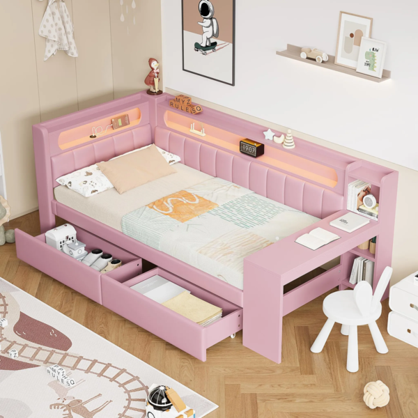 Stauraumbett mit gepolstertem Kopfteil, Schreibtisch und LED-Beleuchtung (90x200cm, Lattenrost, Regal, Schubladen, USB und Type-C), Einzelbett