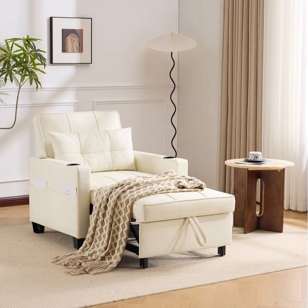 MODFU Schlafsofa Sessel für kleine Räume, 3-in-1 Ausziehbares Schlafsofa mit USB & Getränkehaltern – Multifunktionaler Liegestuhl 1 Teile, mit Relaxfunktion