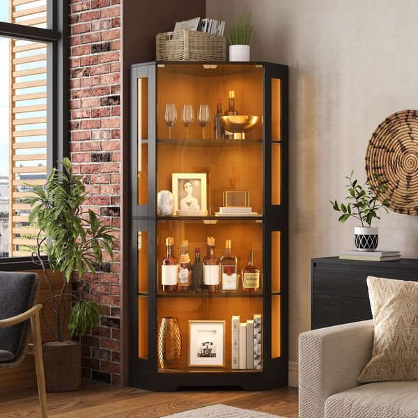 Merax 165 cm Glasvitrinenschrank mit LED, 4-stufiger Sicherheitsglas-Eckschrank, moderner Weinschrank, Schwarz