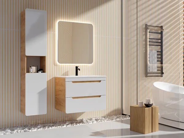 Vente-unique - ARUBA Badezimmersäule und -regal Holz, Platte BeigeWeiß - B 32 cm x H 170 cm x L 35 cm