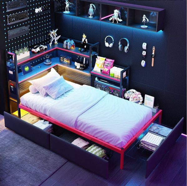 Flieks Metallbett, Gaming-Stil Kinderbett 90x200 cm mit 3 Schubladen Lichtleiste Aufladen