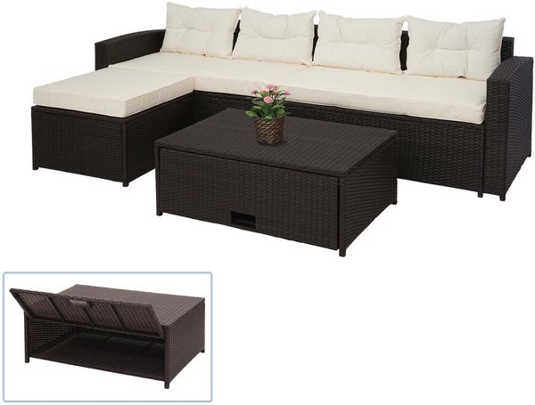 Poly-Rattan Garnitur HWC-J34, Balkon-/Garten-/Lounge-Set Sitzgruppe Sofa, Staufach ~ braun, Kissen creme-beige