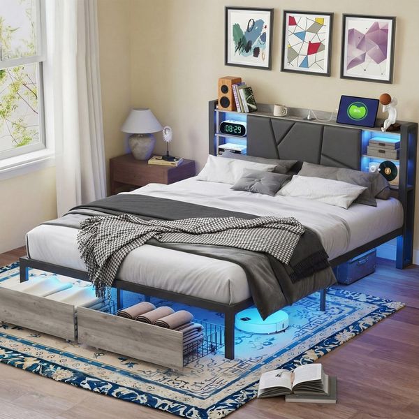 ADWOLT Polsterbett Stauraumbett Doppelbett mit LED-Beleuchtung und Schublade, Metallbett USB&Type-C,Jugendbett 140x200 cm,Grau