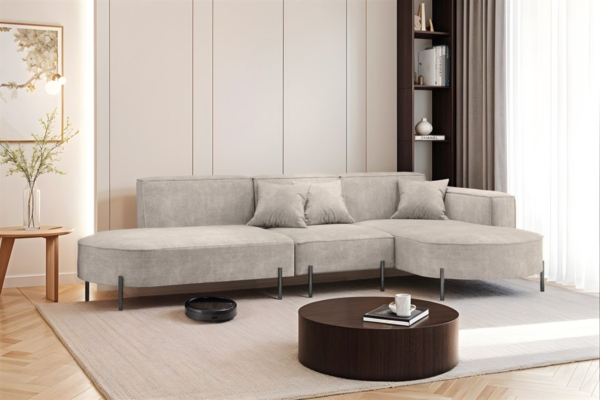 Ecksofa Designersofa VALENCIA in Stoff Noel Hellgrau Ottomane Rechts