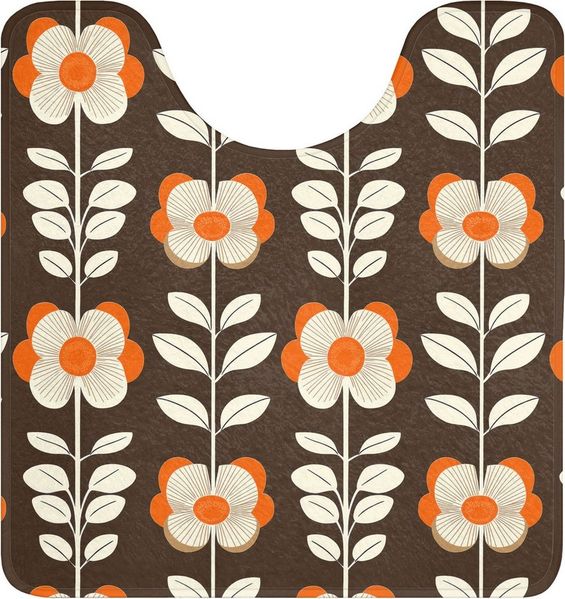 OnlyWow WC-Vorleger Blumen - Retro - Braun, Höhe 10 mm, Polyester, U-Form, Vorleger mit Ausschnitt, Toilettenvorleger, Toilettenteppich