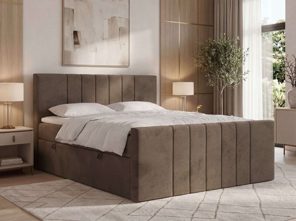 Boxspringbett INERO DUO, Doppelbett mit Multipocket-Matratze H3, Boxspringbett mit Stauraum, gestepptes Kopfteil - 200x200 - Braun Velvet - Topper Visco
