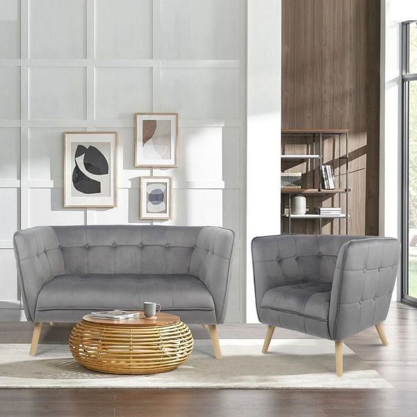 Happy Home Loungesofa Moderner 2-Sitzer Sitzbank mit Armlehne aus Samtbezug grau