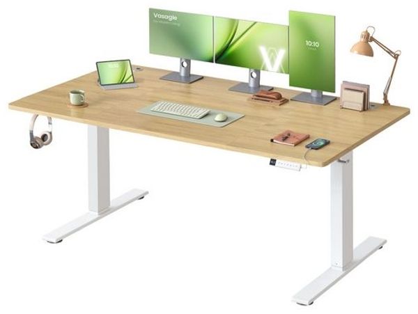 VASAGLE Höhenverstellbarer Schreibtisch, 160 x 80 cm, USB-C-Anschluss, Ablage für Steckdosenleiste, Stehtisch, Erinnerung bei langem Sitzen, 3 Speichertasten, für Büro, goldeichenfarben Bild 2