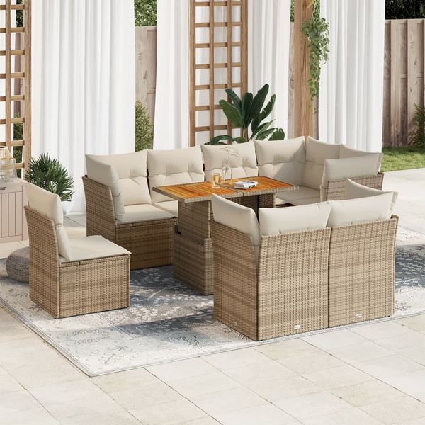 vidaXL 9-tlg. Garten-Sofagarnitur mit Kissen Beige Poly Rattan 3326942