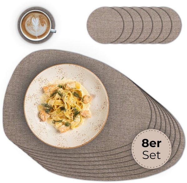matches21 HOME & HOBBY Platzset Ovales Tischset mit Glasuntersetzer, 8er Set, in Braun meliert, (8-St), Hitzebeständige abwaschbare PVC Platzsets