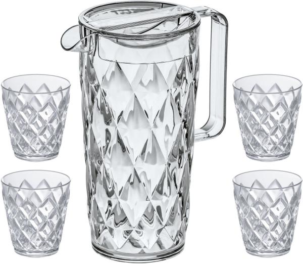 Koziol Crystal Kanne mit 4 Becher, Trinkkanne, Trinkbecher, Wasserbecher, Saftkanne, Kunststoff, Crystal Clear, 1. 6 L, 4007535