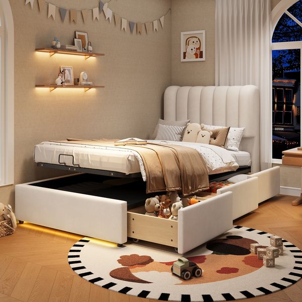 Merax Polsterbett, 90x200 cm Jugendbett, Kinder Stauraumbett mit Gasdruckfeder Hydraulik, Bettkasten mit großem Stauraum, 3 Schubladen, LED-Lichtleiste, weichem Samtbezug, Beige