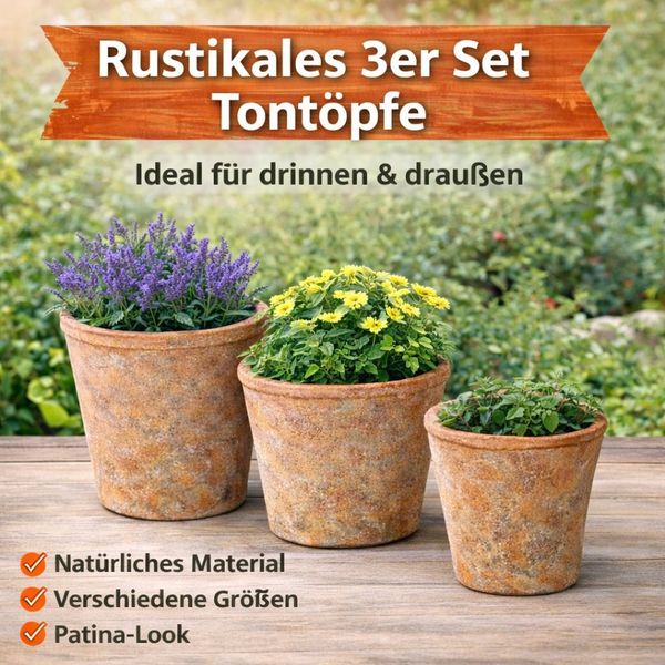 Aged Terracotta Blumentopf 3er Set Übertopf Umtopf rund verschieden groß Garten