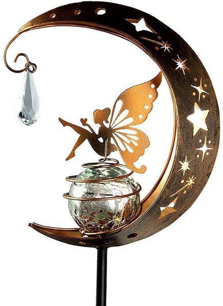 Minicloss LED Solarleuchte Solar-Gartenornamente, Solar-Lichterkette für den Außenbereich, Mond, Stern, Knisterglaskugel, Erdspieß, Metallleuchten, wasserdichte