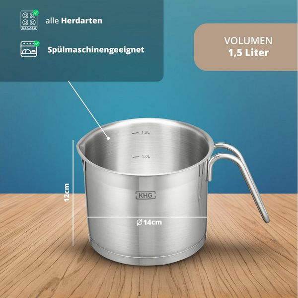 KHG Kochtopf Milchtopf 14 cm Durchmesser, inkl. Ausguss, Edelstahl, 1,5 Liter Volumen, Innenskala, für alle Herdarten inklusive Induktion