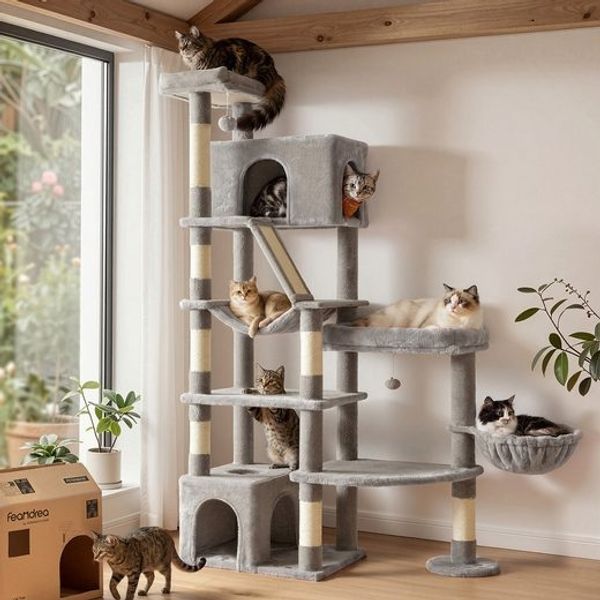 FEANDREA Kratzbaum für Große Katzen, Stabil mit 6 Ruhebereichen und Sisalstämmen, 105 x 45 x 188 cm, Grau