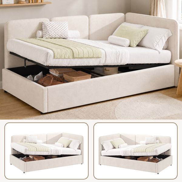 Daybett 90x200 cm mit hydraulischem Stauraum, Polsterbett, Tagesbett, Links und rechts tauschen, Samt, beige