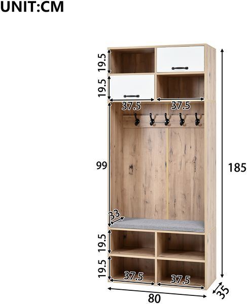 MODFU Garderoben-Set Komplett-Set Flurgarderobe, (mit Sitzbank, 5 Haken, 2 Türen & 6 Offener Lagerraum, 1-St, B80/D30/H185 cm) Bild 3