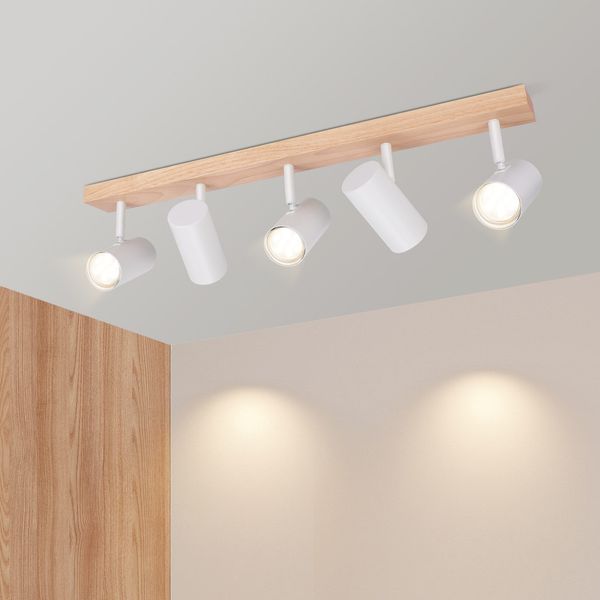 ZMH Deckenleuchte 5 Flammig Deckenstrahler Holz - Deckenlampe Weiß Deckenspots GU10 Wohnzimmerlampe 350° Flurlampe Decke Spotlight Flur für Schlafzimmer Küche Wohnzimmer Ohne Leuchtmittel