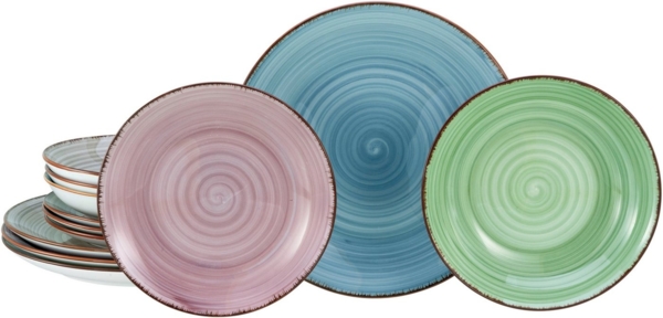 CreaTable Teller-Set Samba Bunt, Tellerset 12 tlg (12-tlg), 4 Personen, Porzellan, Handgemalter Spiraldekor