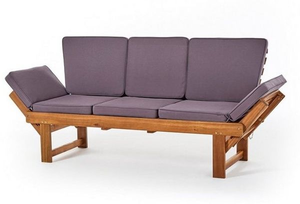 Wohnando Sitzbank Gartenbank "Monte" 202x 67x87cm (BxTxH), massives Akazienholz, FSC (1-St), braun, graue Sitzauflage, ausklappbarer Tisch, umklappbare Seitenteile