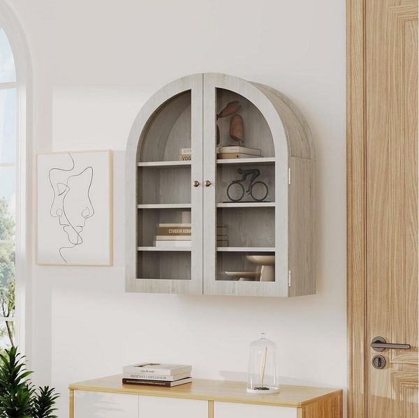 GarveeMore Hängeschrank mit Acryltüren und verstellbaren Regalen,Gewölbter Wandschrank platzsparender Aufbewahrungs-Organizer für Küchen,Wohnungen