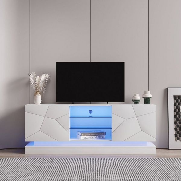 Merax TV-Schrank mit verstellbaren Einlegeböden mit LED-Beleuchtung, Lowboard mit Glasablagen,Breite: 160cm