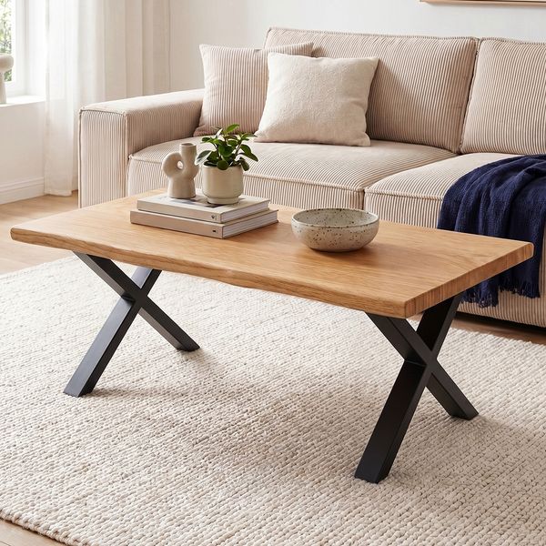 skølm 'Orm' Couchtisch, aus Eichenholz, mit X-förmigen Metallbeinen, 110 x 55 cm, natur geölt, Sofatisch aus echter Baumkante