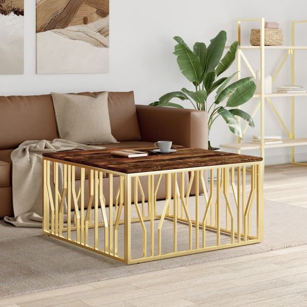 vidaXL Couchtisch Golden Edelstahl und Altholz Massiv 350070
