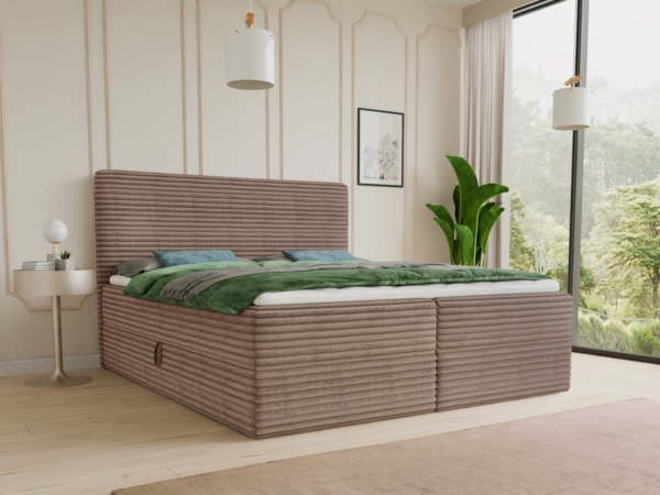 Boxspringbett Mollo mit 2 Bettkästen, Doppelbett mit Bonell-Matratze und Topper, Polsterbett in weichem Cordstoff, Bett, Bettgestell für Schlafzimmer (Braun (Tilia 17), 160 x 200 cm)