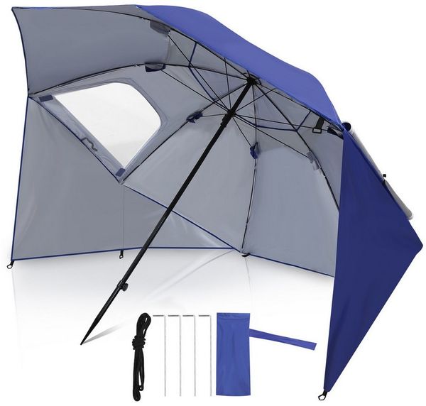 Clanmacy Sonnenschirm Strandschirm 210cm UV Schutz 50+ Neigbar Blau mit Erdspieß & Tasche, LxB: 210x200 cm, Stabiler knickbar/für Garten, Balkon, Terasse/Sonnenschutz UV50+