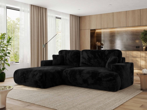 Ecksofa OVO mit schlaffunktion und bettkasten, Wellenfeder, lose Kissen, L-form 271x195 cm - Schwarz Plüsch - linke Seite